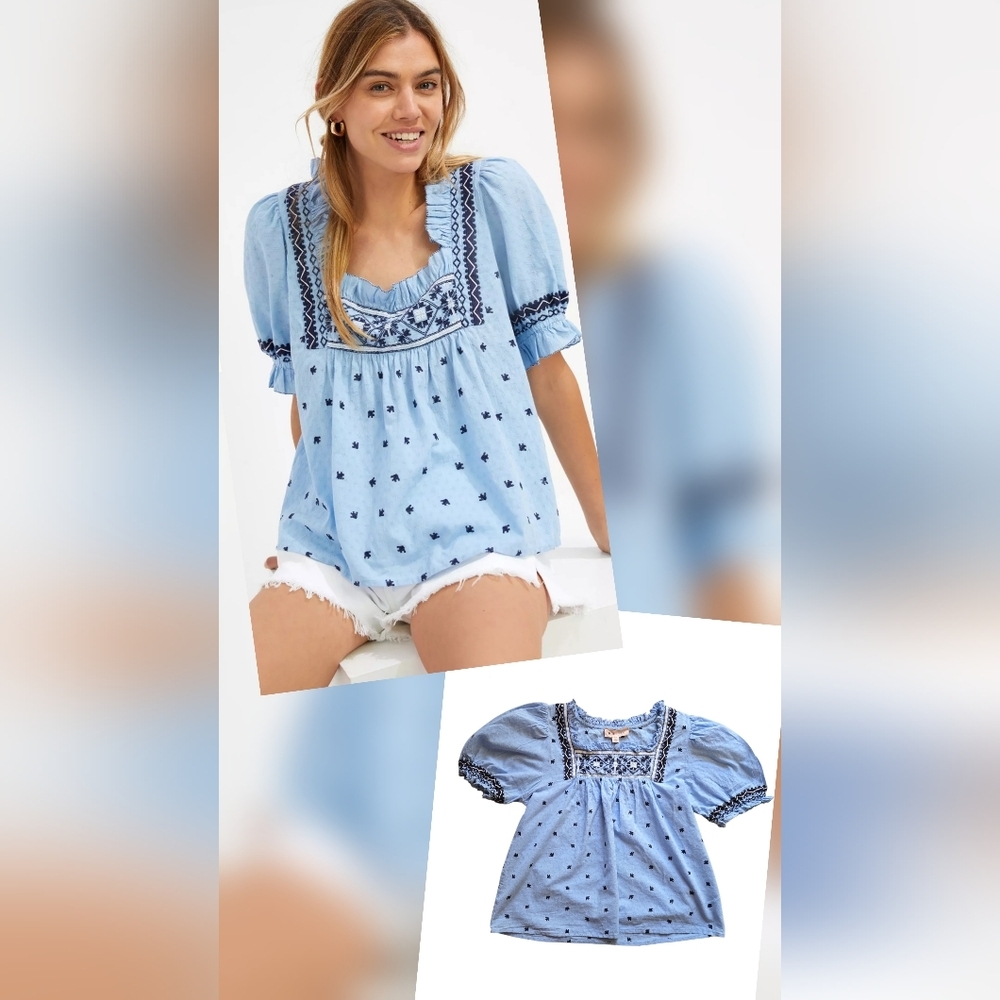 Philosophy Light Blue Embroidered Square Neck Blouse Cottage Peasant ~‎ Medium
